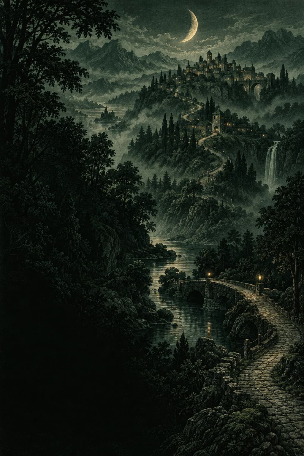 An engraved mountain kingdom with a moonlit citadel, forest paths, bridges and a winding river.